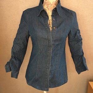 Denim shirt with puff shoulder and gathered sleeve
